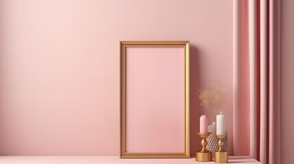 Frame mockup on the wall painted on pink colour. Vertical frame mockup close up on wall painted pastel pink color. Decor concept. Real estate concept.