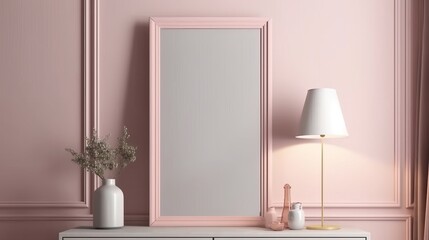 Frame mockup on the wall painted on pink colour. Vertical frame mockup close up on wall painted pastel pink color. Decor concept. Real estate concept.