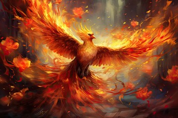 A phoenix, ablaze in fiery reds, oranges, and golds, descends amidst a whirlwind of petals - obrazy, fototapety, plakaty