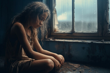 Obraz premium Orphan child. Abandoned street children, homeless, orphans. Lonely and helpless, an adolescent with no family living on the street. , forgotten, and needed by no one.