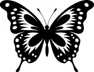Butterfly silhouette. Simple black graphic. Cartoon style. Vector illustration on a white isolated background