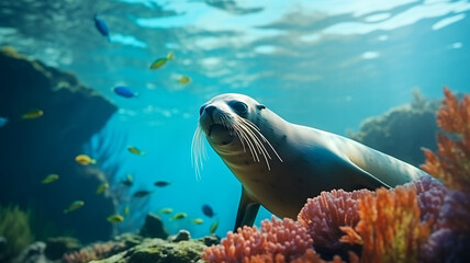 Seal in the ocean, fishes, sea lions, aquatic wildlife, animals swimming in the sea, wildlife photography, coral reef, ecology, protect the environment