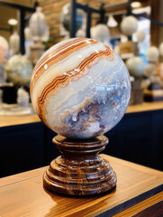 Crazy lace agate spere on a stand in a crystal and gemstones shop - obrazy, fototapety, plakaty