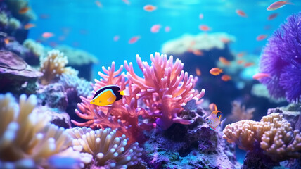 Naklejka na ściany i meble underwater picture of the coral reef, corals and tropical fish, diving, protecting the nature, sea life, global warming, environment, ecology, protecting the sea, multicolored coral, rainbow