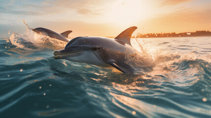 Fototapeta premium Dolphins swimming in the ocean, jumping over the waves, marine wildlife, sea creature, protect wildlife, ecology and nature protection, animal photography