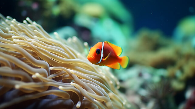 Tropical clown fish in the coral reef, ocean wildlife, wild animal in nature, protect the sea, ecology, nature photography, clown fish in anemone