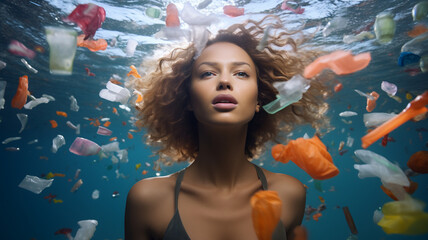 Woman swimming in a polluted sea, sea pollution, ocean pollution, plastic waste in the sea, micro plastic, ecology, protect the ocean, fish swimming in dirty water, environment protection - obrazy, fototapety, plakaty
