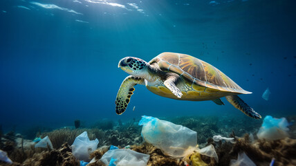 Obraz premium Turtle swimming in a polluted sea, Tortoise, pollution, plastic waste in the ocean, environmental protection, saving wildlife, human waste in nature, ecology, protect the oceans