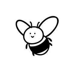 Black and white illustration of a happy bee cartoon character with a friendly smile, perfect for playful designs.