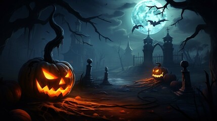 Halloween background spooky night with evil pumpkin, generative ai 