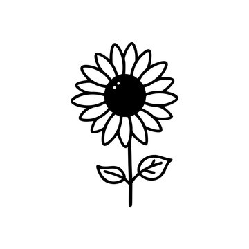 A simple black and white illustration of a sunflower with a simple line art style.