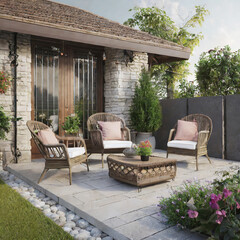 Cozy patio area with garden furniture, 3d render - obrazy, fototapety, plakaty