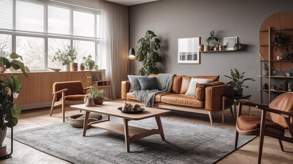 Scandinavian living room with white walls and a warm wood accent wall, Generative AI