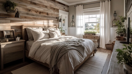 Beautiful farmhouse style bedroom interior, Generative AI