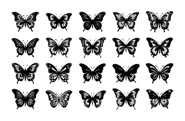 Fototapeta premium Butterflies silhouette set. Simple black graphic. Cartoon style. Vector illustration on a white isolated background