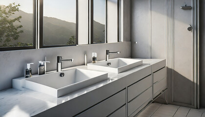 3D render close up perspective blank empty space on double ceramic vanity unit counter top in the...
