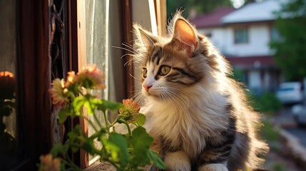 Naklejka na ściany i meble Cat looking out the window at the street