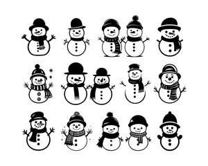 Cute Christmas snowman set. Drawing line work. Simple vector illustration isolated on a white background.