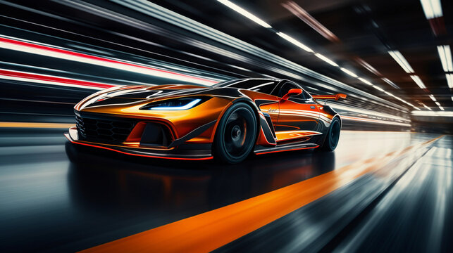 Long exposure shot of sportscar driving on a racetrack