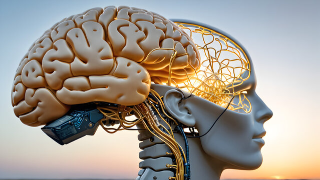 A ilustração mostra um cérebro humano conectado a uma rede neural artificial