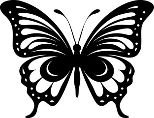 Butterfly silhouette. Simple black graphic. Cartoon style. Vector illustration on a white isolated background