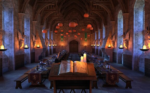 A 3d rendered illustration of a fantasy magical interior castle's majestic room with long dinning tables, floating pumpkins 