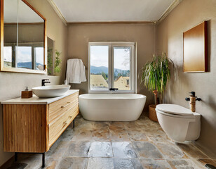 Country style bathroom interior with vanity, white sink, bathtub, pavement floor and beige walls