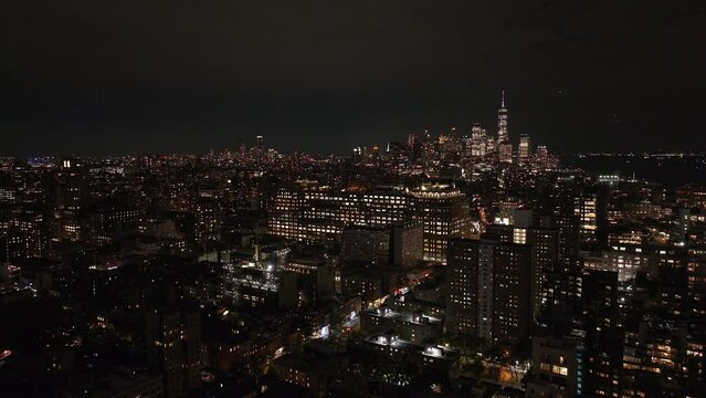 Aerial view of Lower Manhattan at night