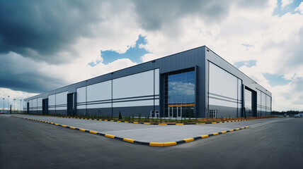 Modern logistics warehouse building structure on cloudy day. Generative AI - obrazy, fototapety, plakaty