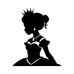 Princess girl silhouette. Simple black graphic. Cartoon style. Vector illustration on a white isolated background