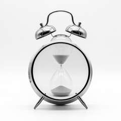 Reloj despertador de arena, concepto tiempo, aislado en blanco