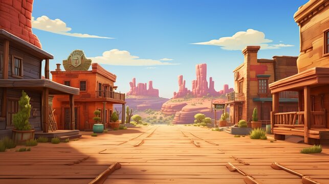 American western town, empty background, 3D cartoon