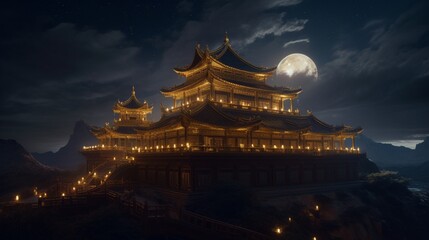 Majestic golden chinese palace rendering moon night photography image AI generated art