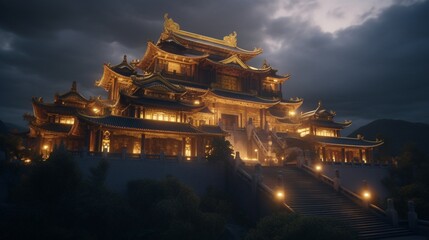 Majestic golden chinese palace rendering moon night photography image AI generated art