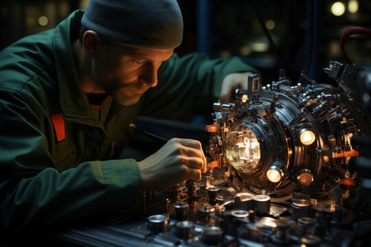A worker assembling components for a small modular reactor, demonstrating the versatility of atomic energy technologies. Concept of modular reactors. Generative Ai. - Powered by Adobe