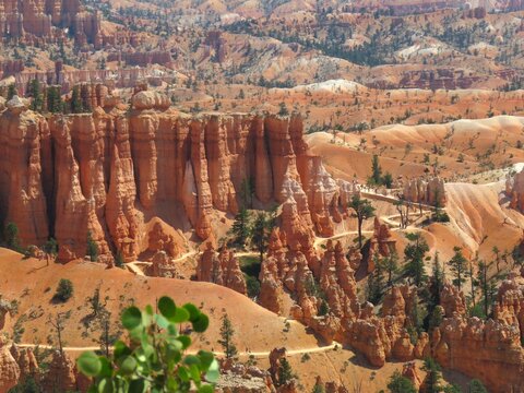 Bryce Canyon National Park, Utah, USA. The red geological formations of the hoodoos and orange slopes are revealed in all their beauty to curious tourists walking along the trails of Bryce Canyon. 