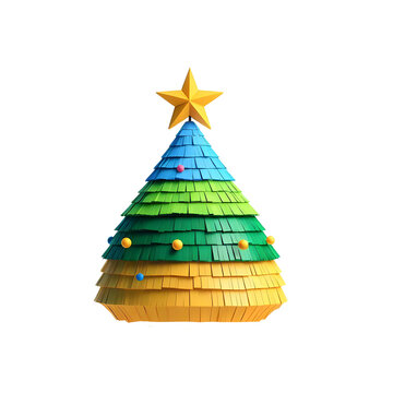 Christmas tree made of papier-m&acirc;ch&eacute;. 3D pinata-style design element isolated on white background.