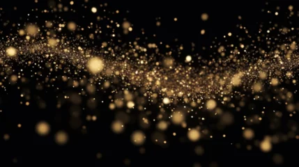 Foto op Plexiglas Particules scintillantes et brillantes volant sur fond sombre, noir. Lumière orangée, paillettes dorées et flou. Fond pour bannière, conception et création graphique.  © FlyStun