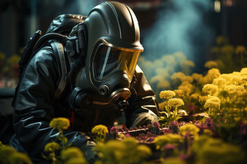 A farmer in a protective suit spraying crops with pesticides, addressing agricultural pollution and...