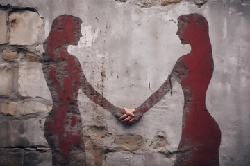 two silhouettes of women holding hands in front of a wall, in the style of conceptual street art,...