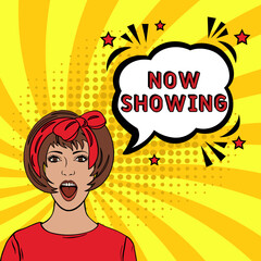 Now showing Vector Design with Cartoon, Comic Speech Bubble in pop-art style. Now showing pop art comic style