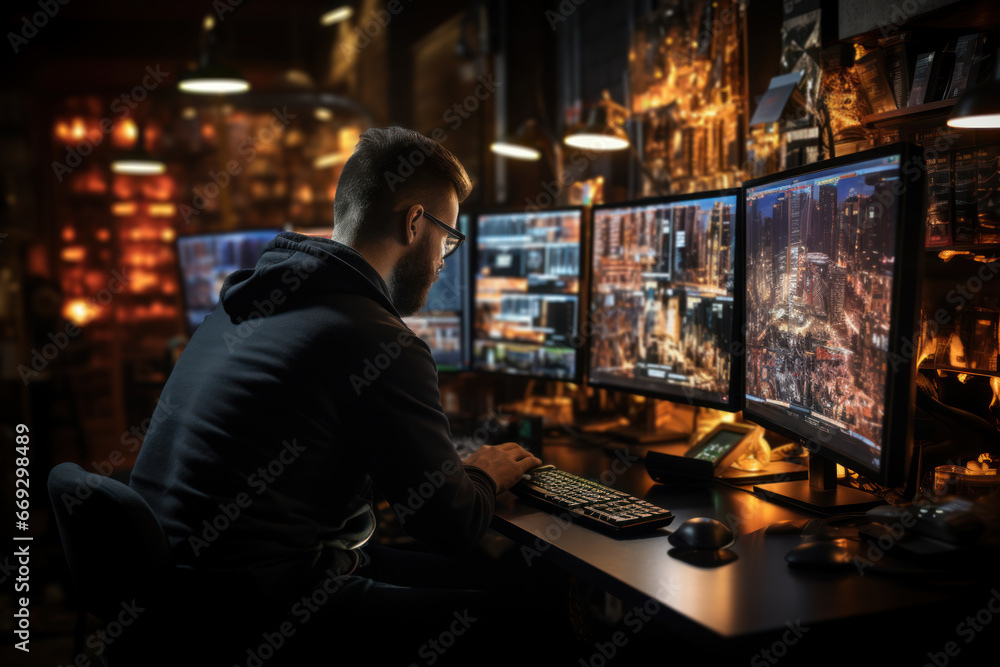 Poster a network administrator monitoring data traffic on multiple screens, ensuring the security of digita