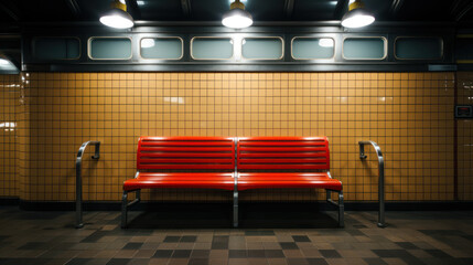 Red bench in illuminated subway station