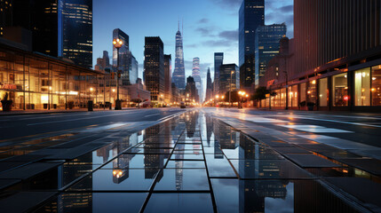 Naklejka premium Urban Dawn: City Street Reflections