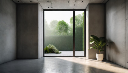 Modern contemporary loft empty room with open door to garden 3d render. The Room. has concrete floor, plants, panoramic window.