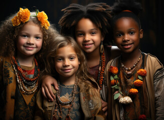 A diverse group of children enjoying a multicultural food festival, celebrating diversity. Generative Ai.