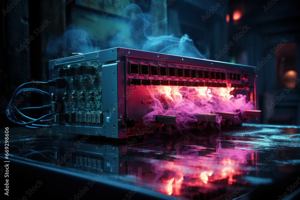 Poster a firewall blocking unauthorized access to a computer system, representing network security. generat