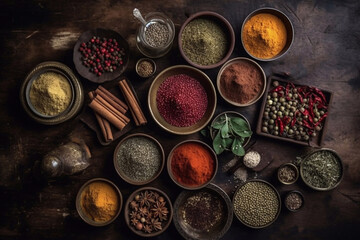 Obraz na płótnie Canvas A set of various spices in bowls on a dark background. Generative AI.