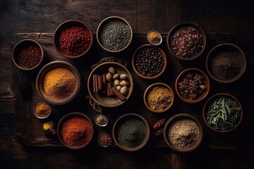Obraz na płótnie Canvas A set of various spices in bowls on a dark background. Generative AI.