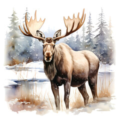 Winter Moose Watercolor Clipart